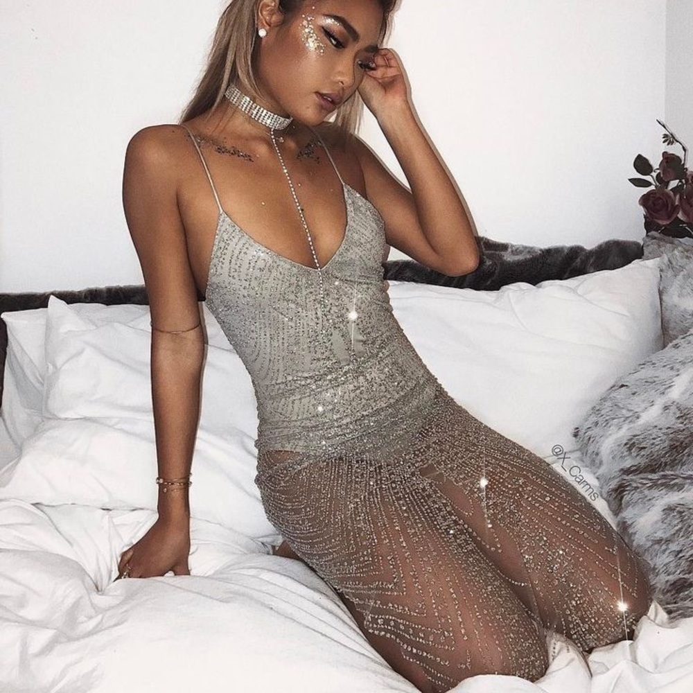 Meshki Aviana Jewelled Midi Dress in silver